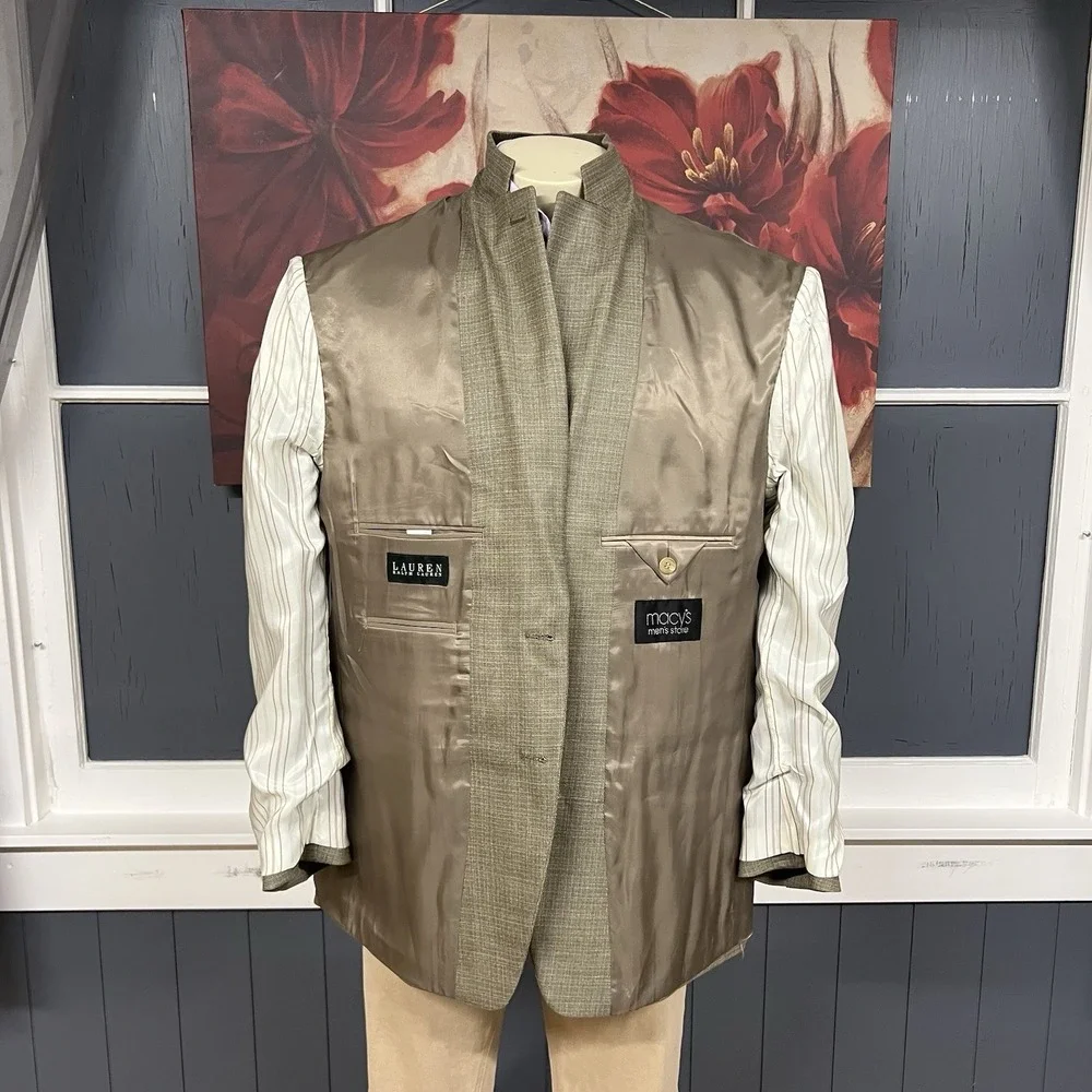 Lauren Ralph Lauren Silk Wool Blazer Jacket Sport Coat Mens 46R Olive/Khaki